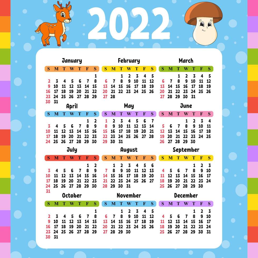 calendário para 2022 com um personagem fofo. design divertido e brilhante. ilustração isolada do vetor da cor. estilo de desenho animado.