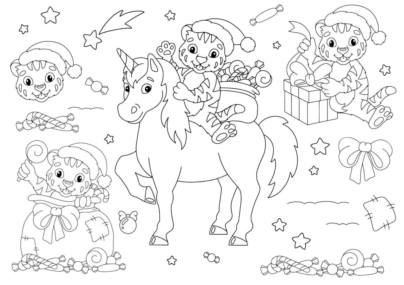 conjunto de filhotes de tigre de natal travesso. página do livro para colorir para crianças. personagem de estilo de desenho animado. ilustração vetorial isolada no fundo branco. vetor