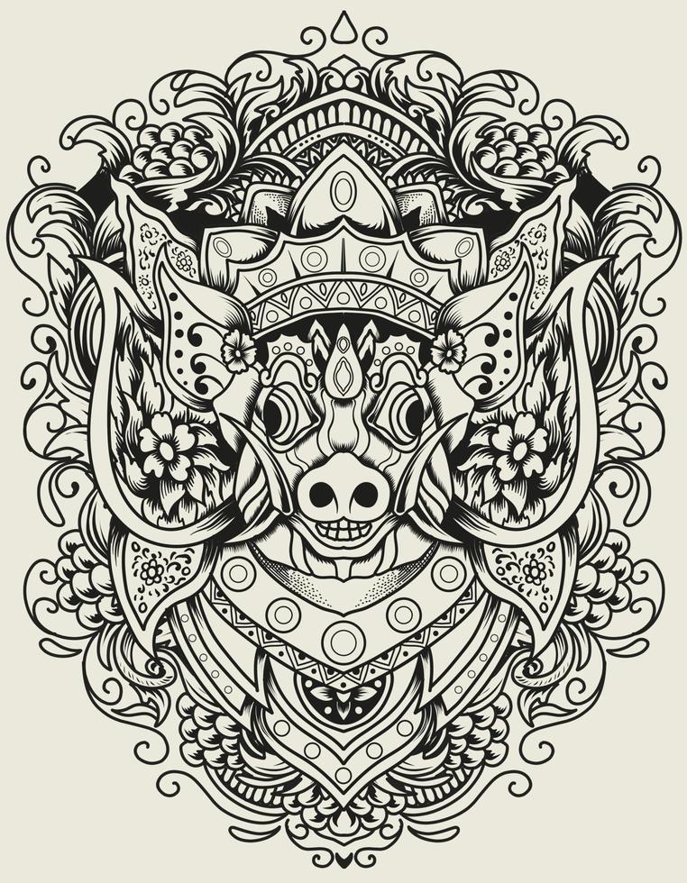 cabeça de barong bangkung de vetor de rgbillustration básico com ornamento de gravura vintage