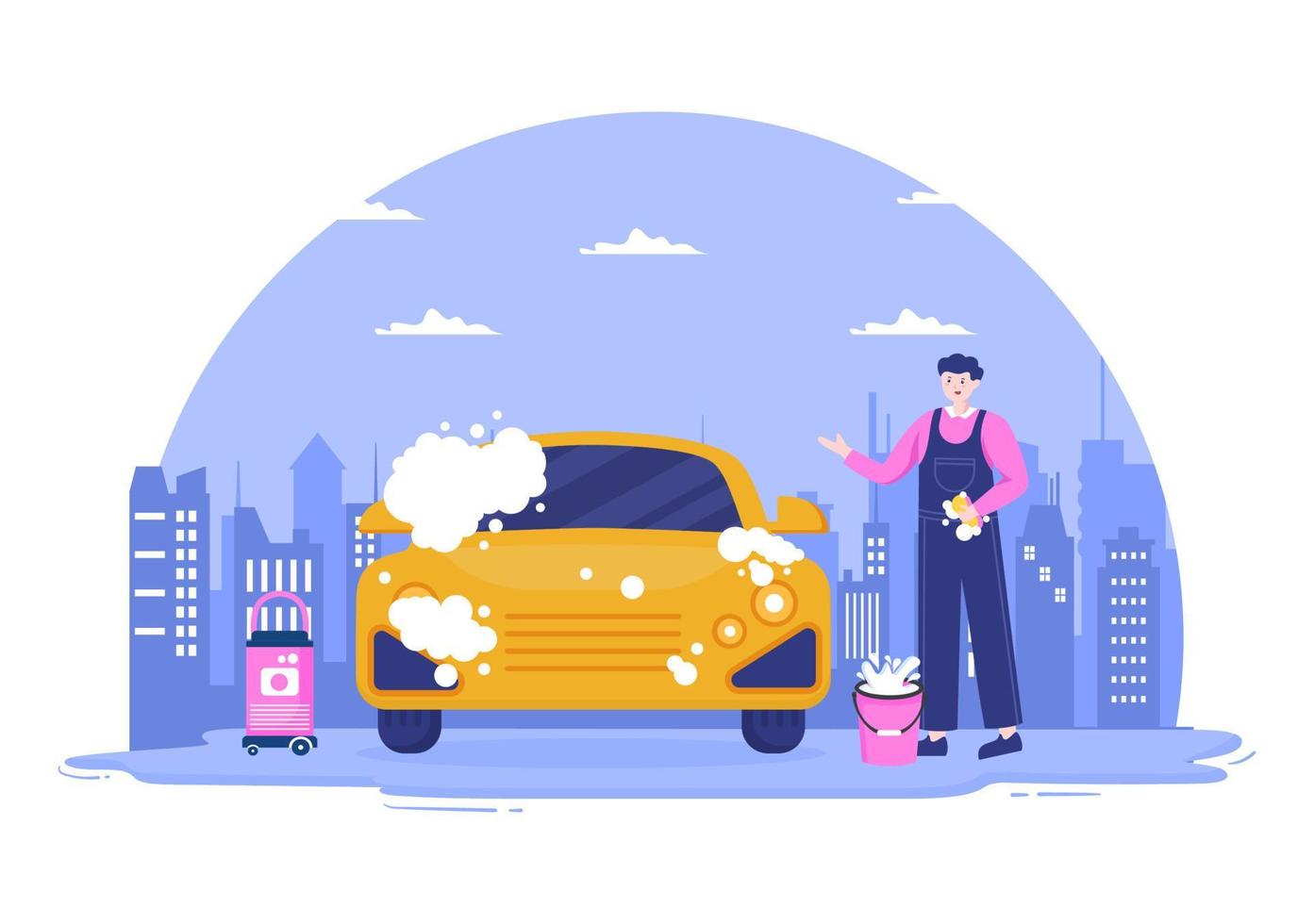 ilustração de design plano de serviço de lavagem de carro. trabalhadores lavando automóveis usando esponjas de sabão e água como plano de fundo, pôster ou banner vetor