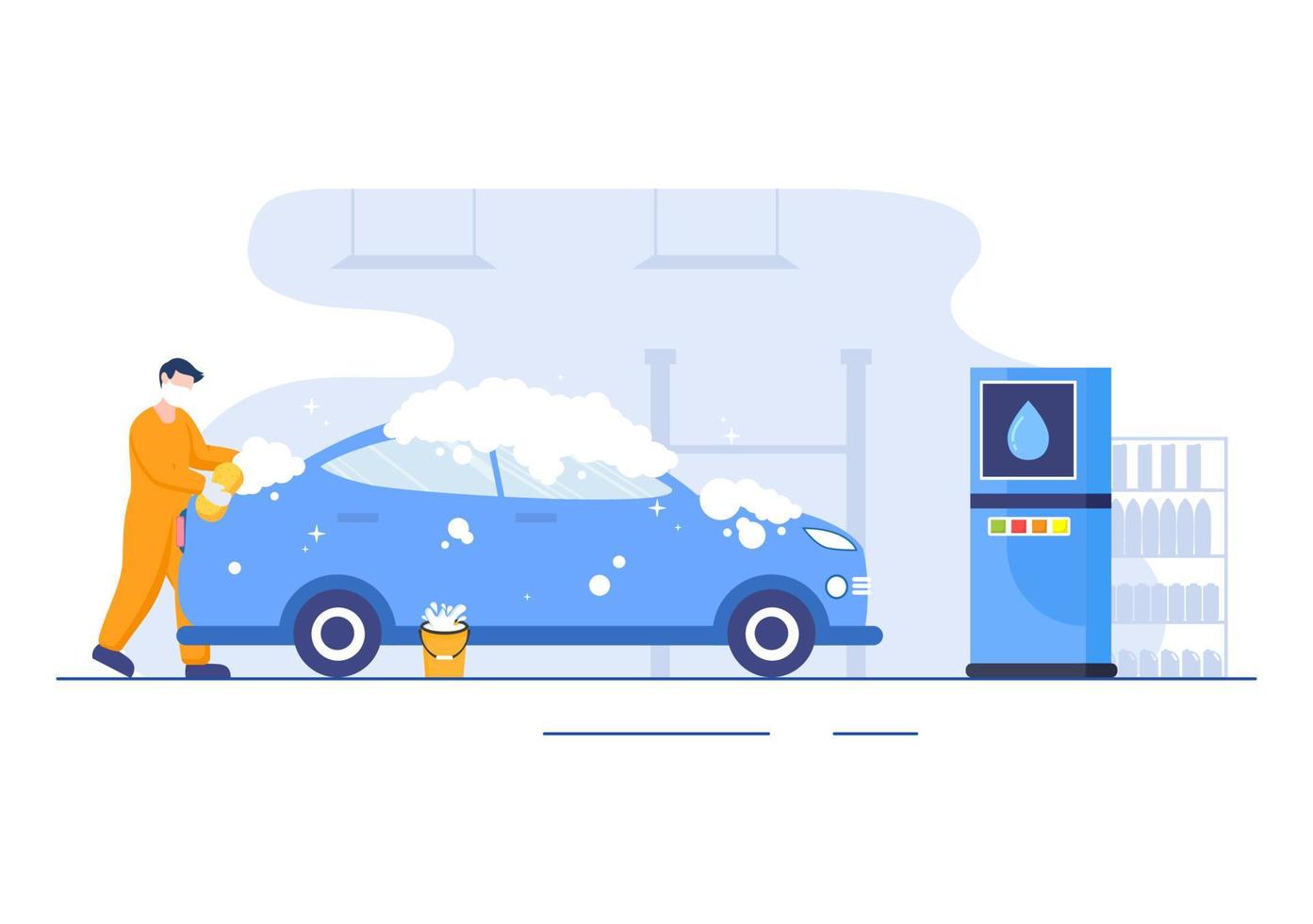 ilustração de design plano de serviço de lavagem de carro. trabalhadores lavando automóveis usando esponjas de sabão e água como plano de fundo, pôster ou banner vetor