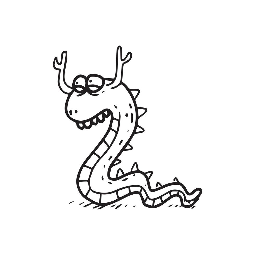 uma ilustração de mão desenhada de um monstro réptil fofo. desenho bonito dos desenhos animados do doodle de um personagem de fantasia em estilo sem cor. um design de elemento engraçado. vetor