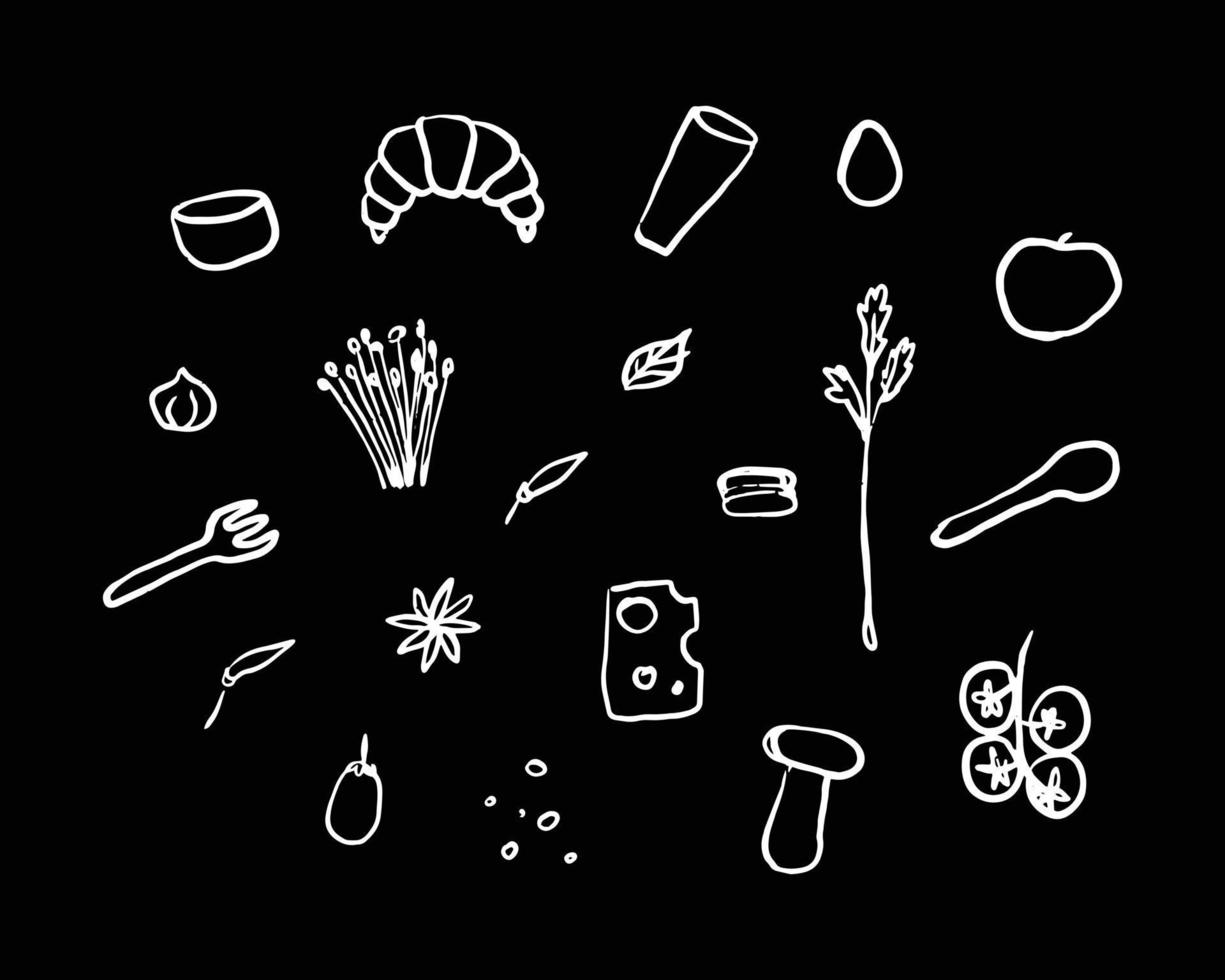 conjunto de ilustrações de doodle de comida e comida. vetor gráfico de materiais alimentares em fundo preto. coleção para design criativo.