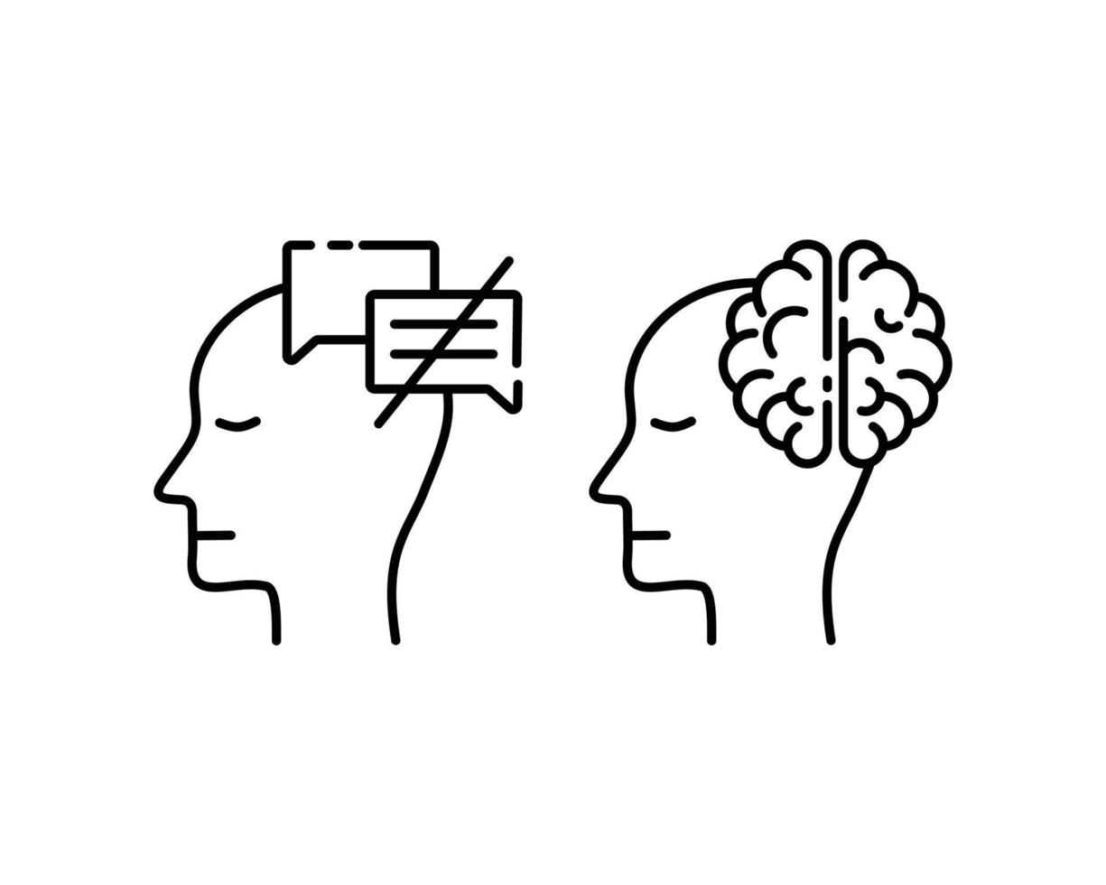 conjunto de ícones de mente humana em estilo delgado de contorno. bloqueio de mente e tranquilidade. o design de atributos da psicologia da saúde mental. ilustração em vetor logotipo simples e moderno.