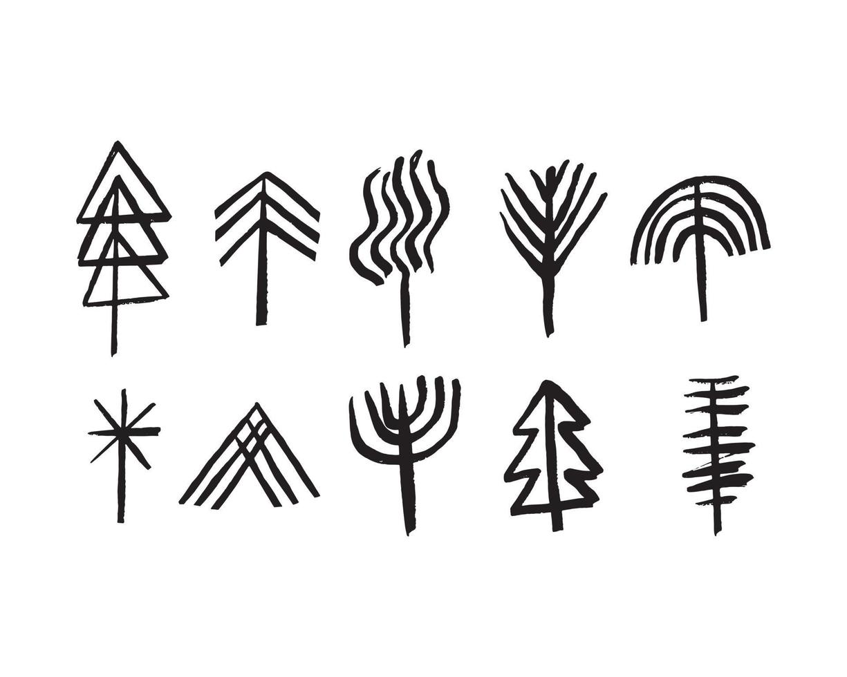 conjunto de ilustração de árvores em um estilo simples e minimalista. uma coleção de rabiscos desenhados à mão em gráficos vetoriais para design de elementos criativos. vetor
