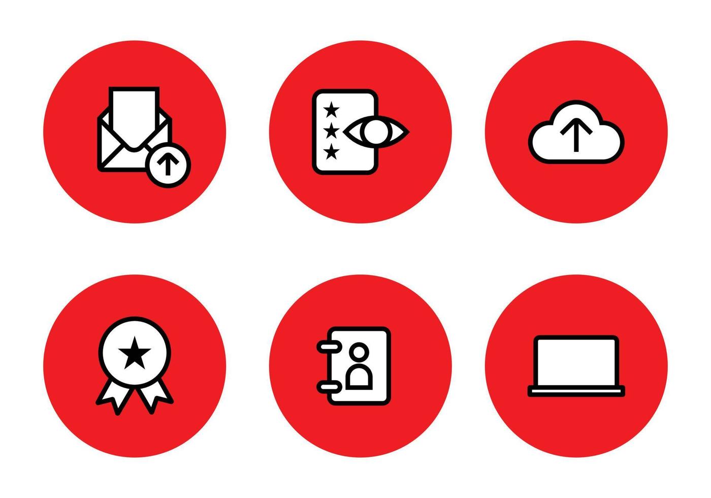 conjunto de ícones coleção de rede digital e comunicação. correio, classificação, revisão, nuvem, contato e símbolos de computador. ícones simples definidos com a cor vermelha em um círculo. vetor