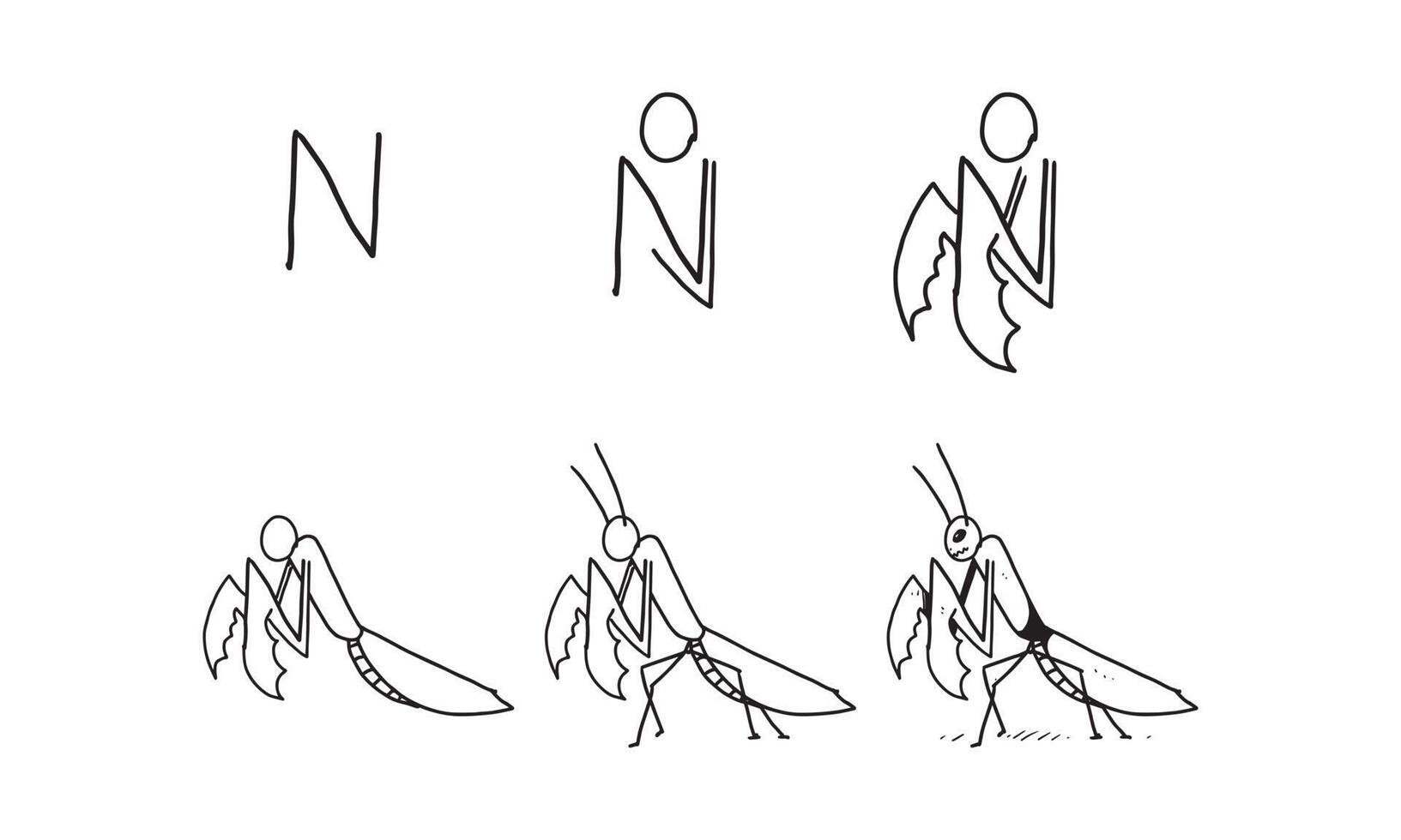 uma ilustração de louva-a-deus. desenho incolor para atividades de desenho e coloração. atividade divertida para o desenvolvimento e a criatividade das crianças. objeto isolado no fundo branco em desenho vetorial. vetor