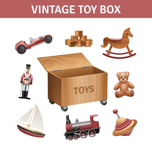 Conjunto de caixa de brinquedos vintage vetor