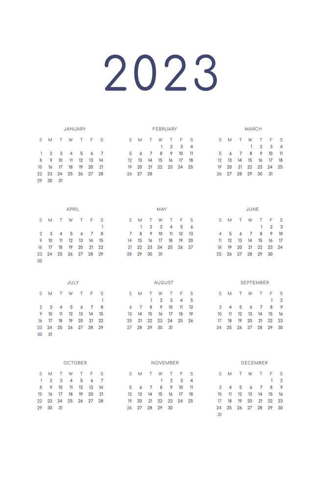 Modelo de diário de planejador pessoal de calendário 2023 em estilo estrito clássico. calendário mensal calendário individual minimalismo design restrito para notebook de negócios. semana começa no domingo vetor