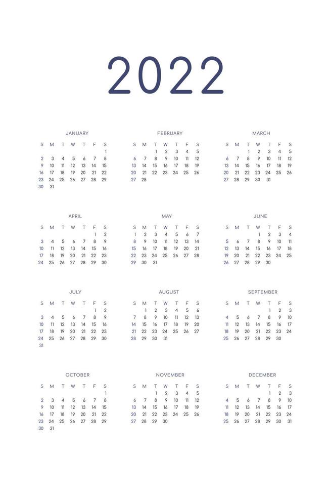Planejador individual de modelo de calendário 2022 em estilo clássico minimalista. semana começa no domingo vetor
