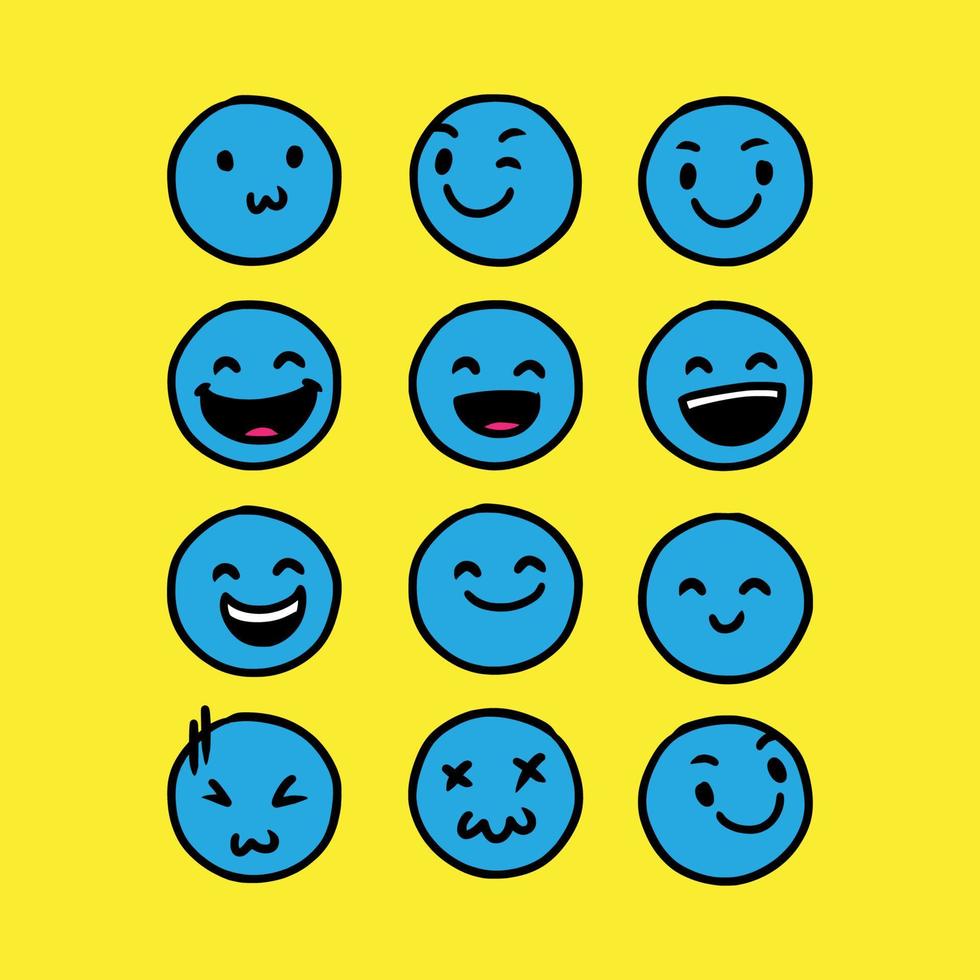 conjunto de mão emoticon azul bonito desenhado com vetor de fundo amarelo. símbolos de qualidade premium e coleção de logotipo da web de sinal. pictogramas de emoticons simples e modernos