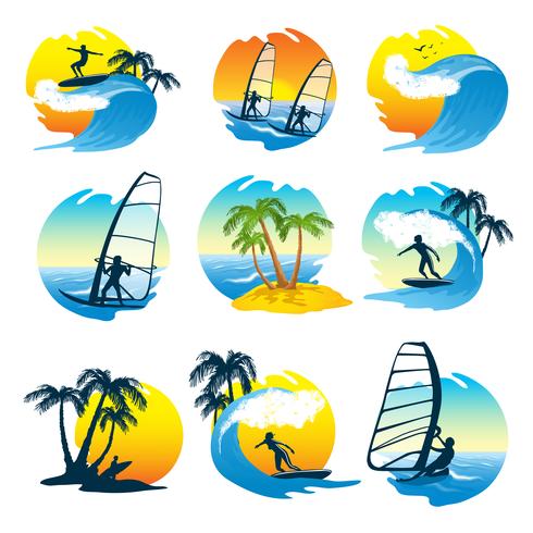 Conjunto de ícones de surf com pessoas vetor