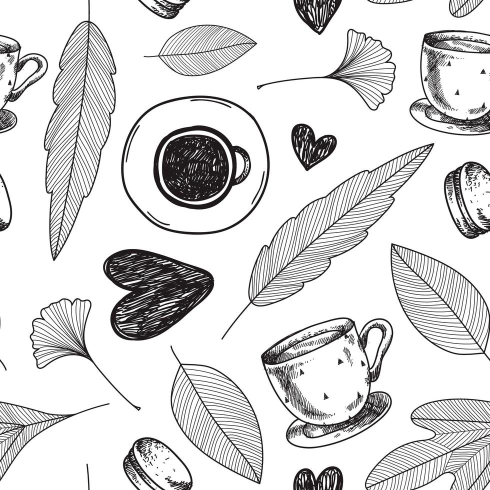 folhas de outono e café padrão sem emenda. mão ilustrações desenhadas com um copo de bebida quente, corações vetor