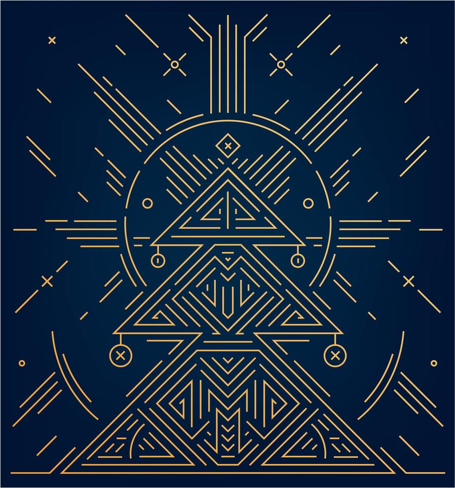 vetor feliz Natal e feliz ano novo cartão dourado. Art deco geométrico cartão de Natal em fundo azul marinho. árvore de natal linear brilhante