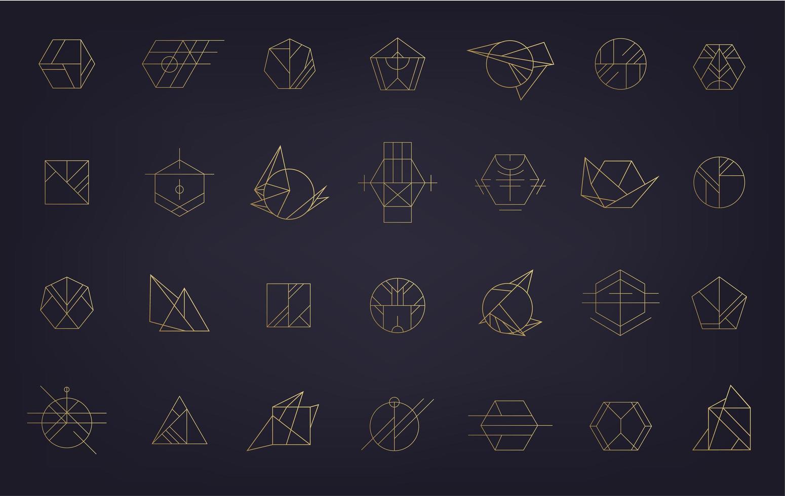 conjunto de vetores de logotipos geométricos abstratos. estilo art deco, hipster, linha dourada. círculo, triângulo, formas lineares de polígono. ícones astecas, mágicos e esotéricos