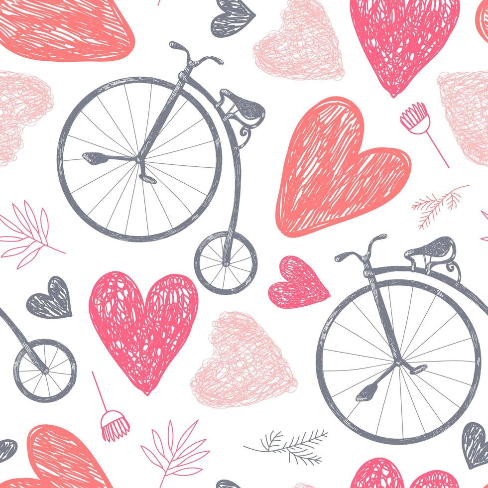 padrão romântico sem emenda de vetor. corações, florais, vintage bicicletas primavera, verão, plano de fundo do casamento. cores pastel, desenhados à mão. vetor