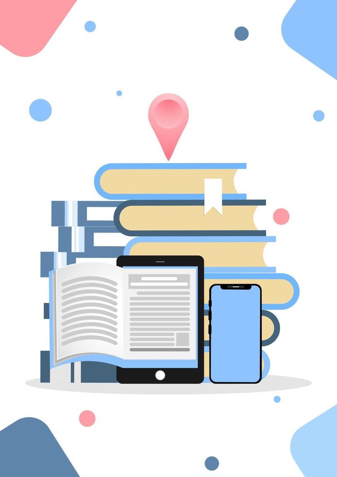 estilo plano design vector ilustração ícone criativo tecnologia educação biblioteca conceito de informações de fácil acesso. pin de mapa de livros da biblioteca de e-books com tela sensível ao toque.