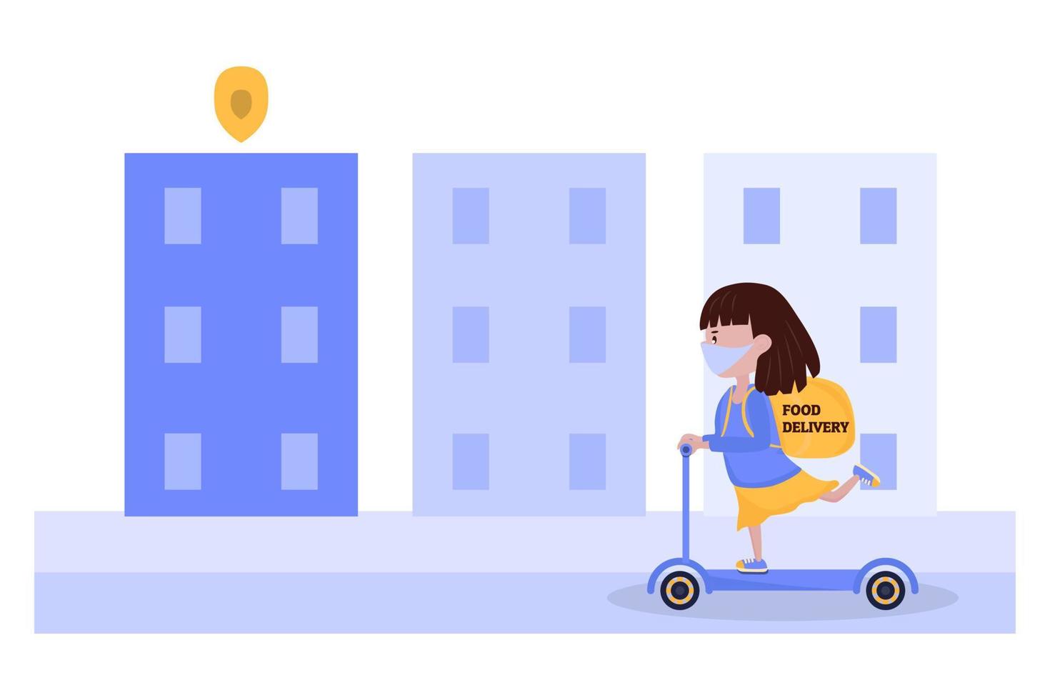 uma garota anda de scooter pela cidade entregando comida. ilustração vetorial. vetor