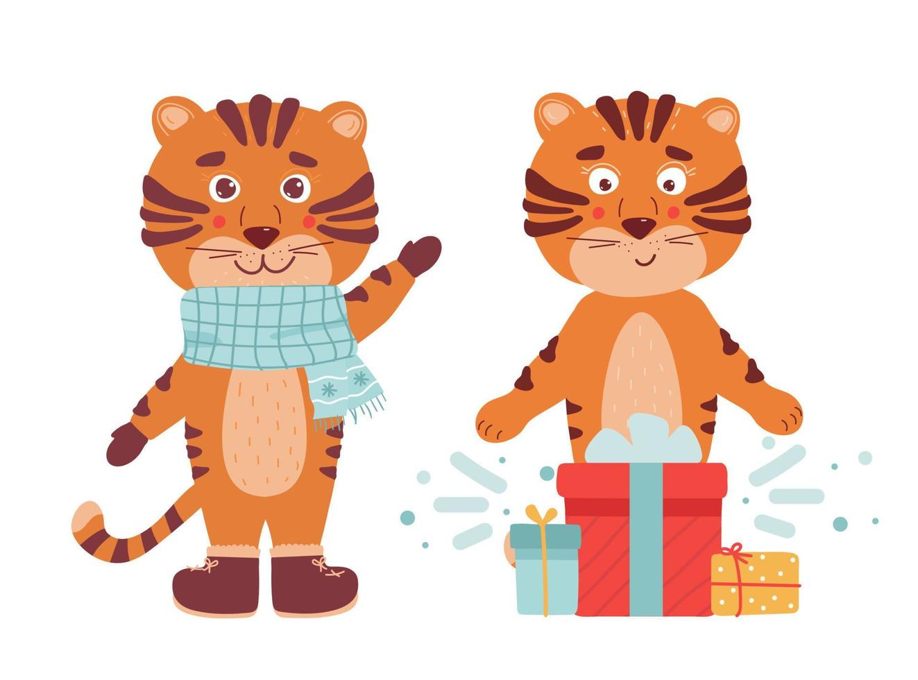 conjunto de giro em pé, tigre sentado, filhote de tigre com listras marrons, símbolo do novo ano de 2022 em fundo branco. ilustração vetorial para cartão postal, banner, web, decoração, design, artes, calendário. vetor