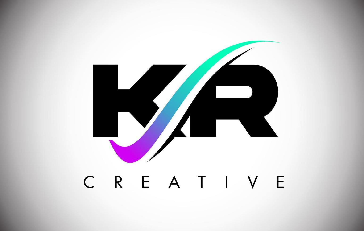 Logotipo da letra kr com linha curva swoosh criativo e fonte em negrito e cores vibrantes vetor