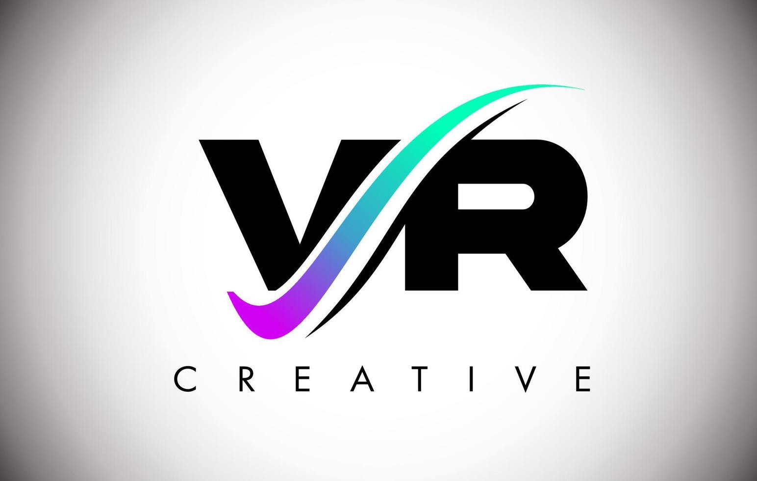 Logotipo da carta vr com linha curva swoosh criativo e fonte em negrito e cores vibrantes vetor