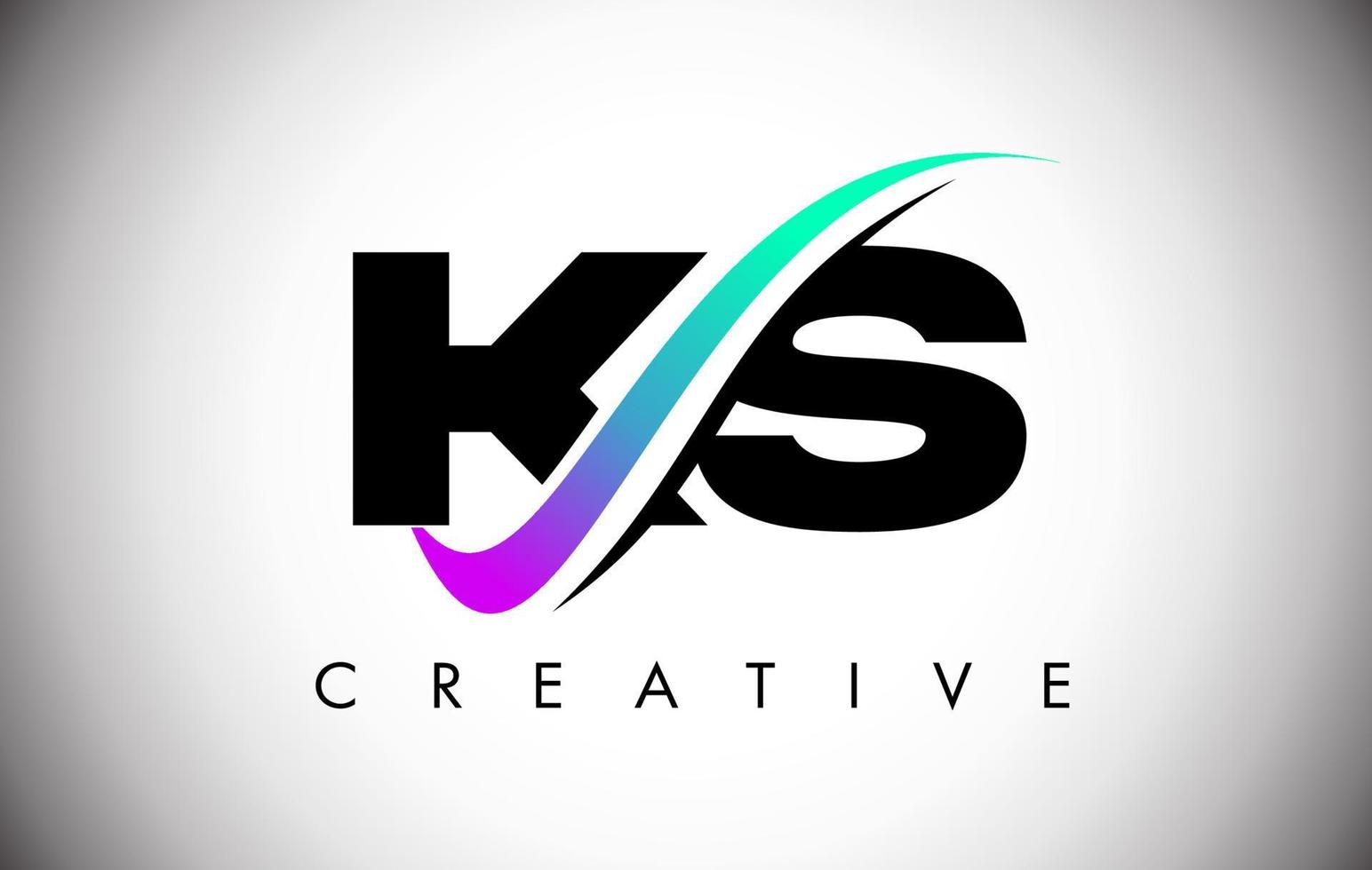 Logotipo da ks letter com linha curva swoosh criativo e fonte em negrito e cores vibrantes vetor