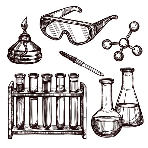 Conjunto de mão desenhada de ferramentas de química vetor