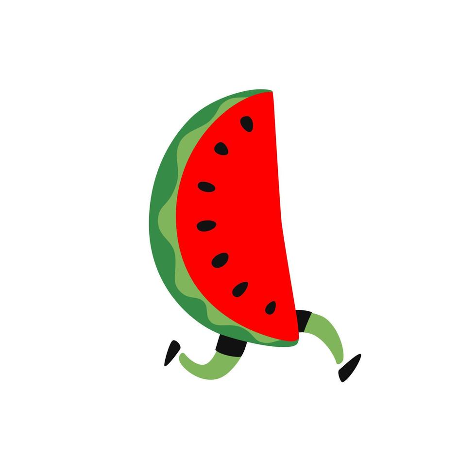 ilustração de uma melancia correndo. vetor. ícone de deliciosa fruta vermelha. estilo de desenho plano. logotipo do serviço de entrega. emblema para loja de produtos ecológicos. vetor