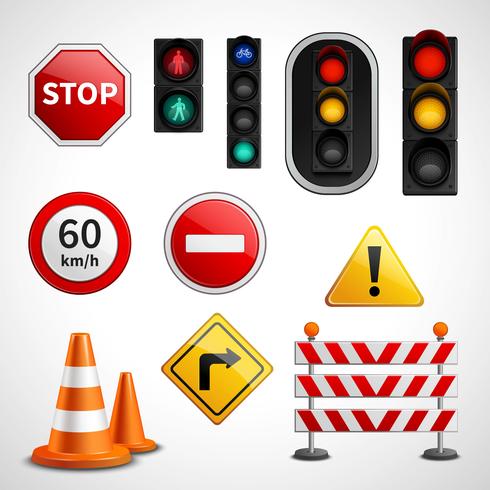Coleção de pictogramas de sinais e luzes de trânsito vetor