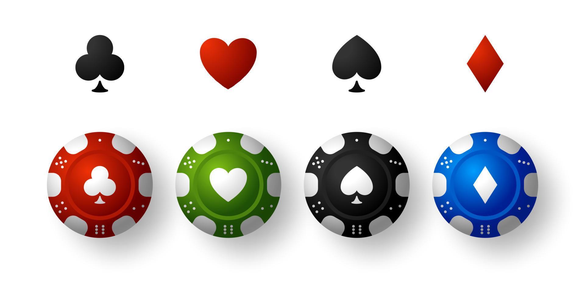 conjunto de símbolos de cartão com chip de casino de pôquer. conjunto de fichas de cassino coloridas isolado no fundo branco. ilustração vetorial. vetor