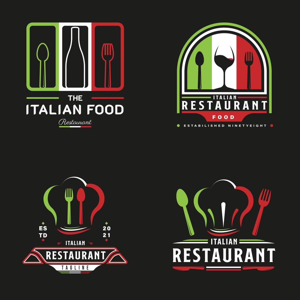 logotipo do restaurante de comida italiana. símbolo da bandeira italiana com ícones de colher, garfo e garrafa de vinho vetor