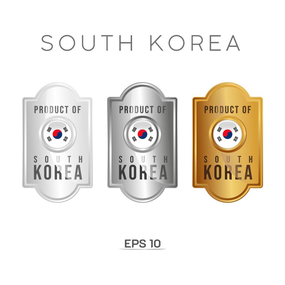 feito na Coréia do Sul etiqueta, selo, distintivo ou logotipo. com a bandeira nacional da Coreia do Sul. nas cores platina, ouro e prata. emblema premium e luxo vetor