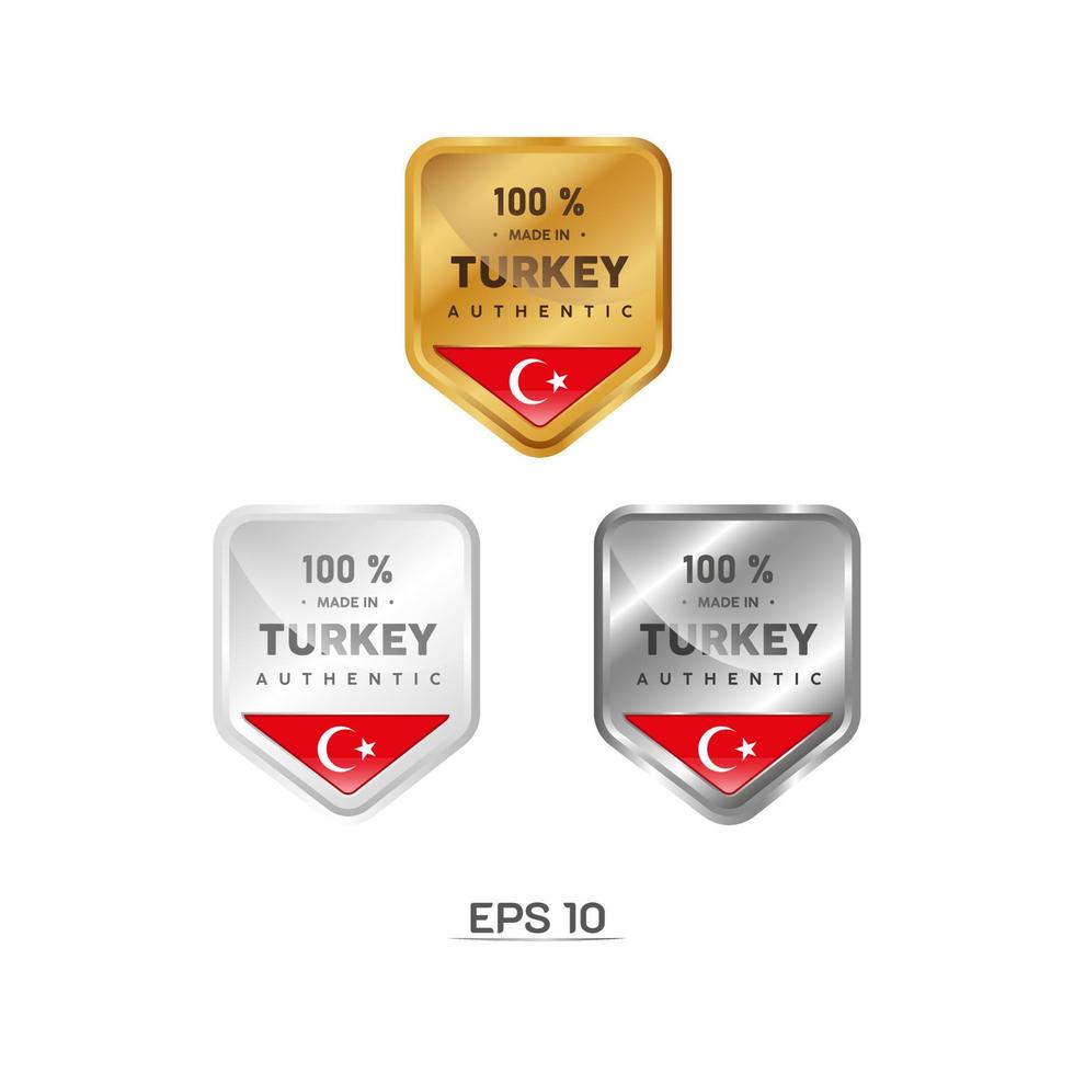 feito na etiqueta, selo, crachá ou logotipo da Turquia. com a bandeira nacional da Turquia. nas cores platina, ouro e prata. emblema premium e luxo vetor