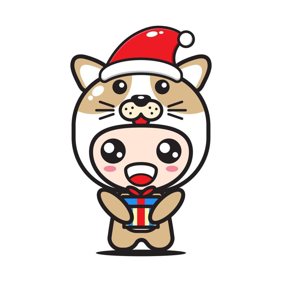 cão bonito dos desenhos animados com presente de natal vetor