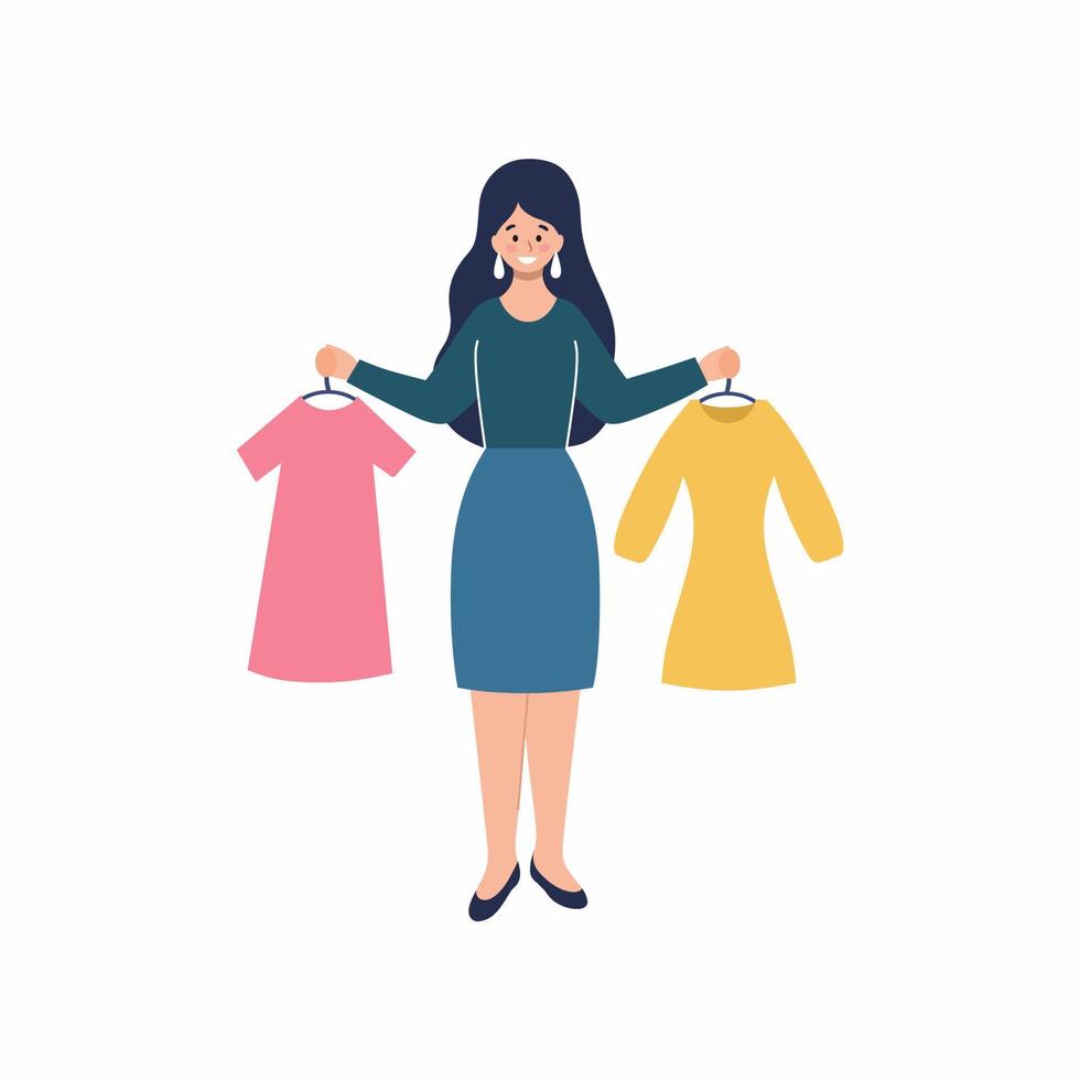 uma garota escolhe um vestido para comprar. comprar roupas na loja. compras online do conforto da sua casa. vetor