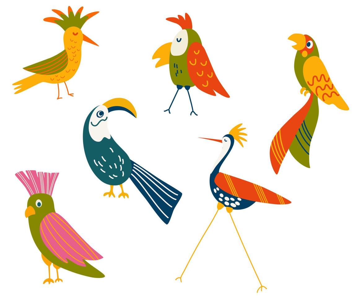 conjunto de pássaros tropicais. araras, cacatuas, papagaios e tucanos. pássaros exóticos e personagens de animais. mão do vetor desenhar ilustração dos desenhos animados.