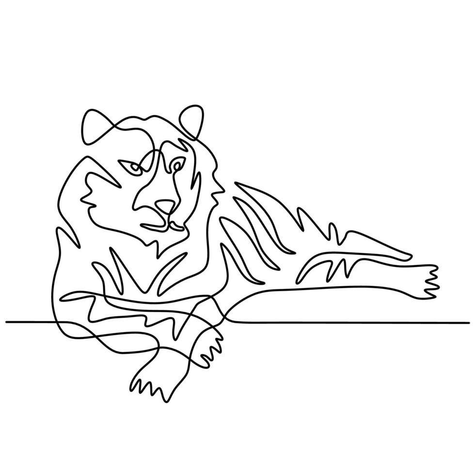 desenho de linha contínua de um tigre deitado vetor