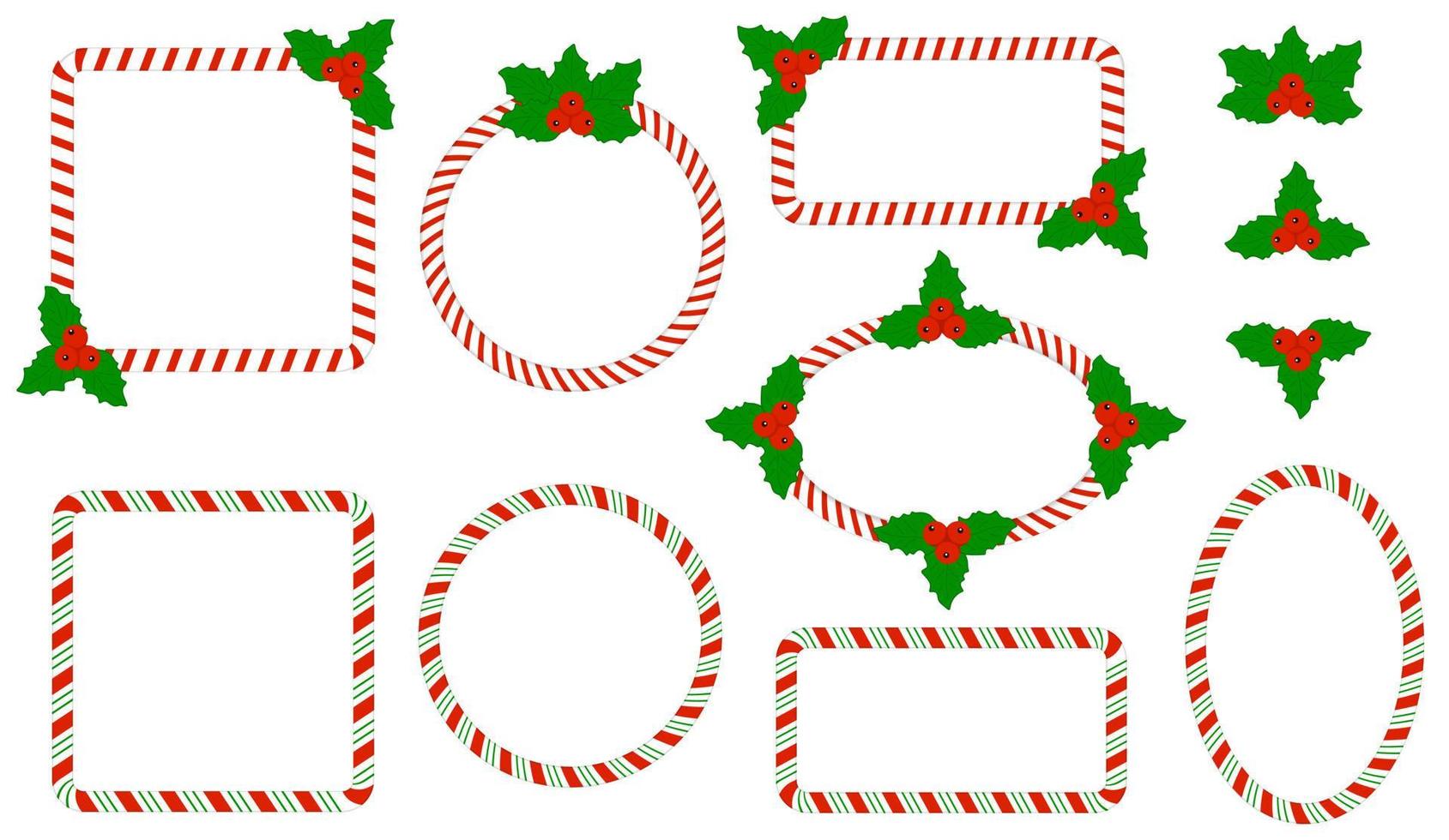 Natal definido bastão de doces de quadro com folhas de azevinho. círculo de formas geométricas decorativas festivas, quadrado, elipse, retângulo. vetor isolado.