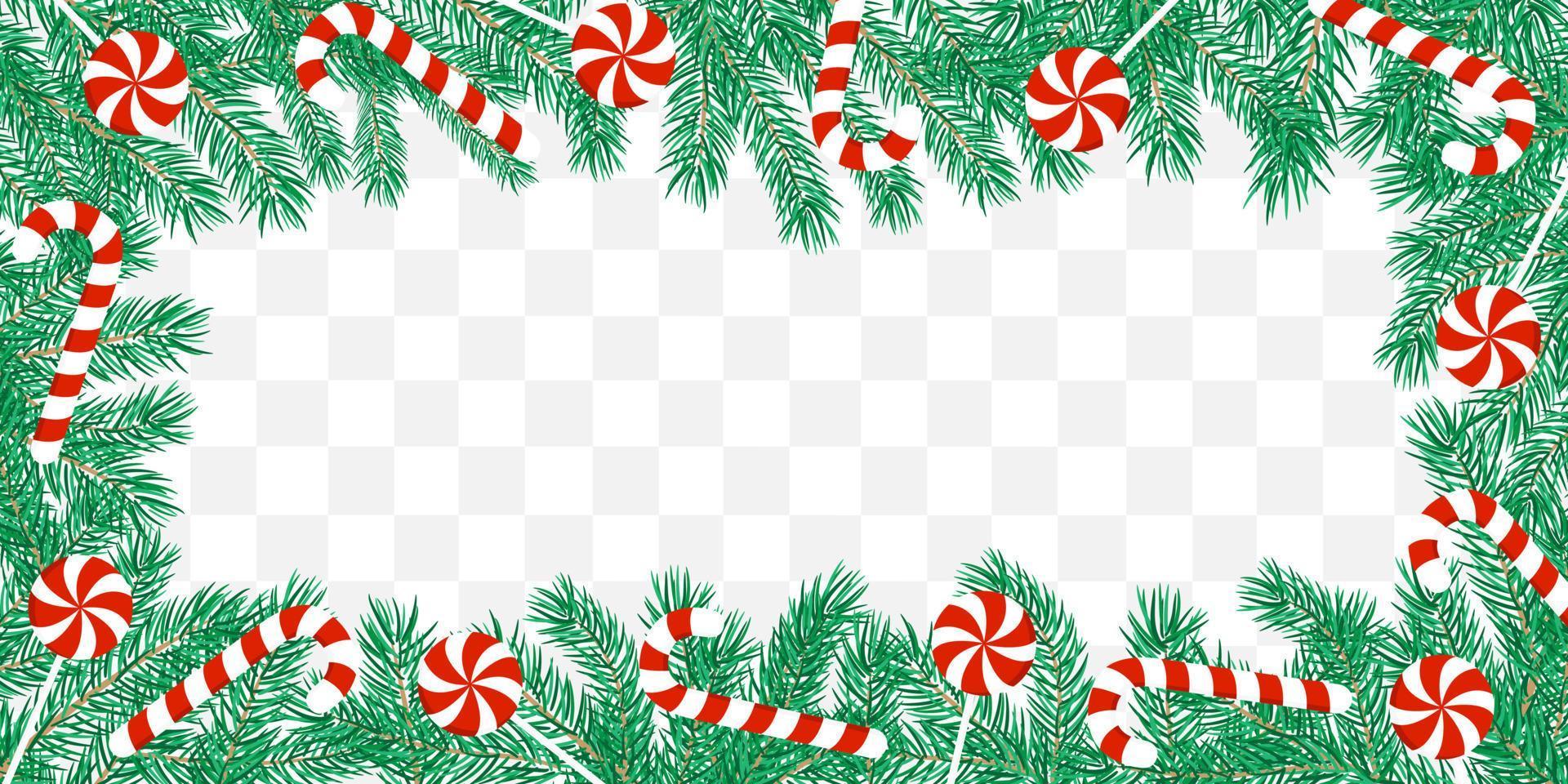 banner de Natal horizontal com galhos de pinheiro e bastão de doces. ilustração em vetor design.