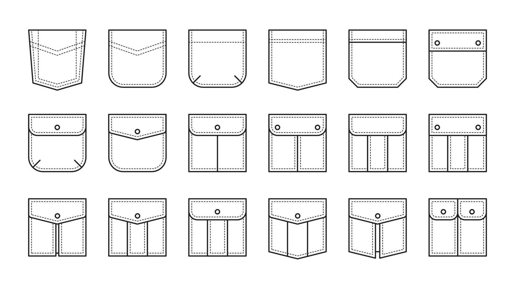 conjunto de ícones de bolso de remendo para calças e outras roupas. ilustração vetorial linha isolada vetor