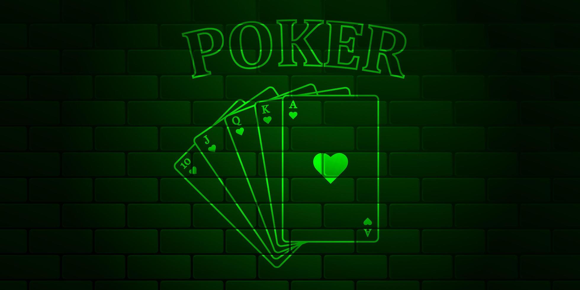 parede de tijolo verde escuro com texto brilhante poker e royal flush de naipe de copas. ilustração vetorial. vetor