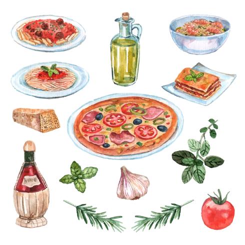 Conjunto de aquarela comida italiana vetor