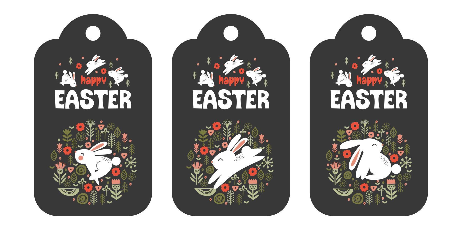 um conjunto de três tags. Feliz Páscoa. coelhos bonitos em um padrão circular de flores da primavera. ilustração vetorial. vetor