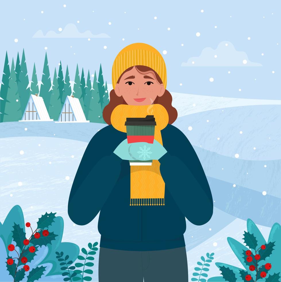 mulher com roupas quentes, segurando uma xícara de café na paisagem de inverno. ilustração vetorial em estilo simples vetor