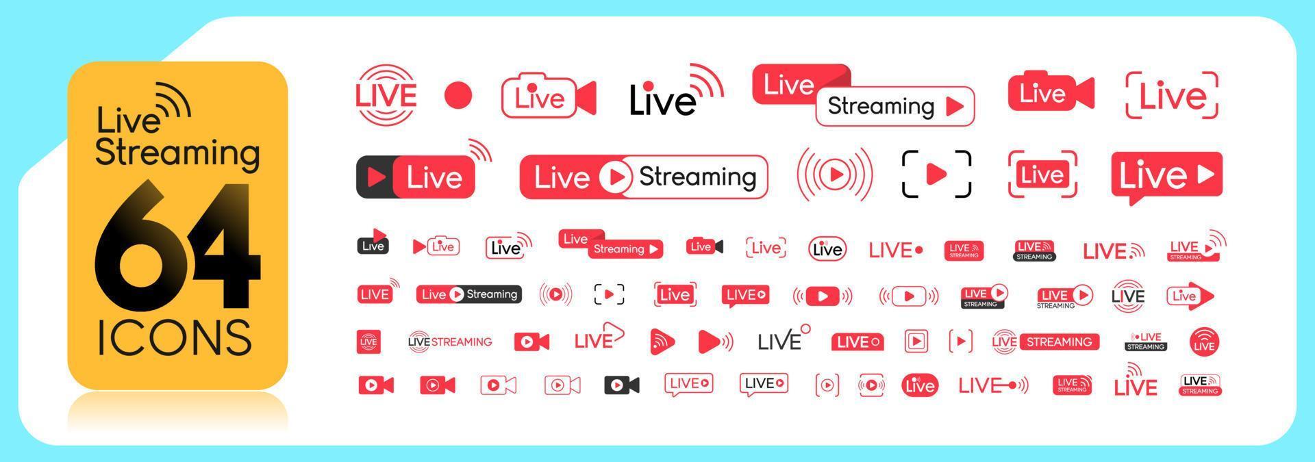 conjunto de ícones de transmissão ao vivo. símbolos vermelhos e botões de transmissão ao vivo, transmissão, transmissão online. modelo do terço inferior para tv, programas, filmes e apresentações ao vivo. vetor