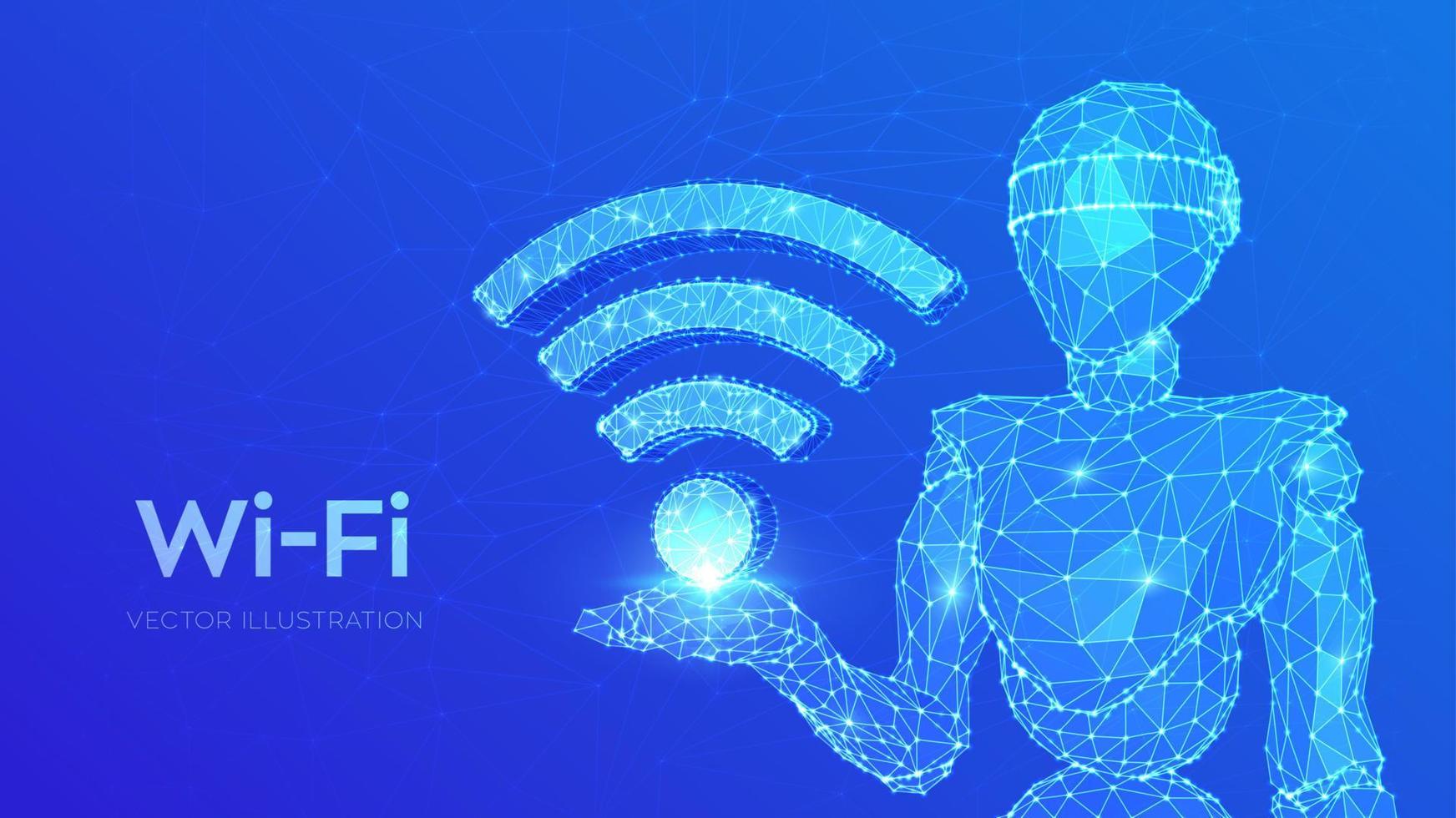 Wi-fi. sinal de wi fi abstrato de baixo poli. acesso wlan, símbolo de sinal de ponto de acesso sem fio. zona de conexão móvel. transferência de dados. abstrato 3d baixo robô poligonal segurando o ícone de wifi. ilustração vetorial. vetor