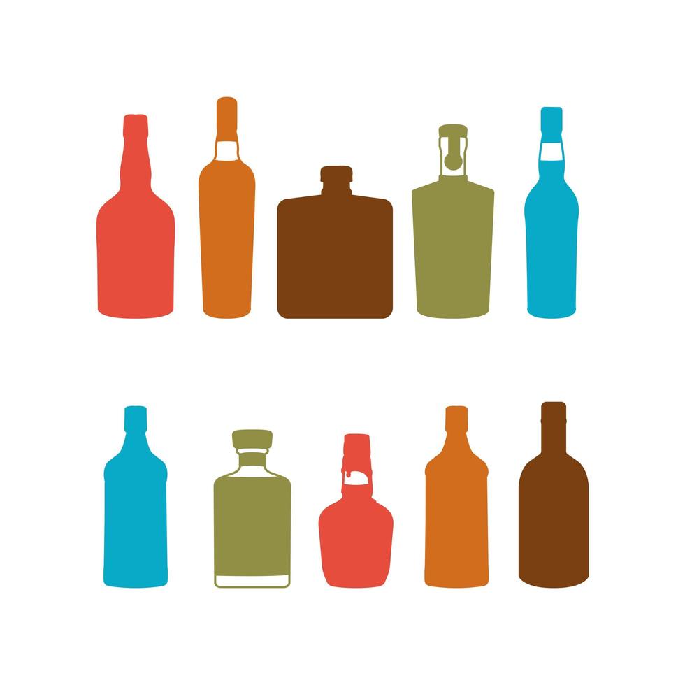 Conjunto de ilustração vetorial silhueta de garrafas de bebidas alcoólicas coloridas vetor