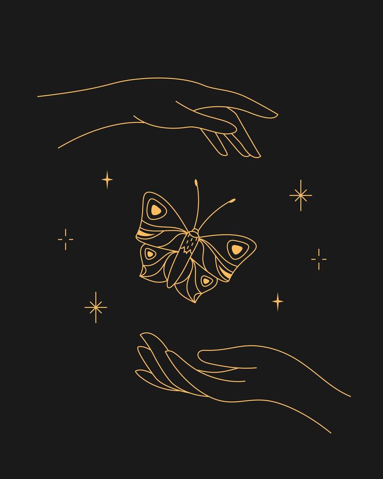 pôster mágico de borboletas e mãos vetor