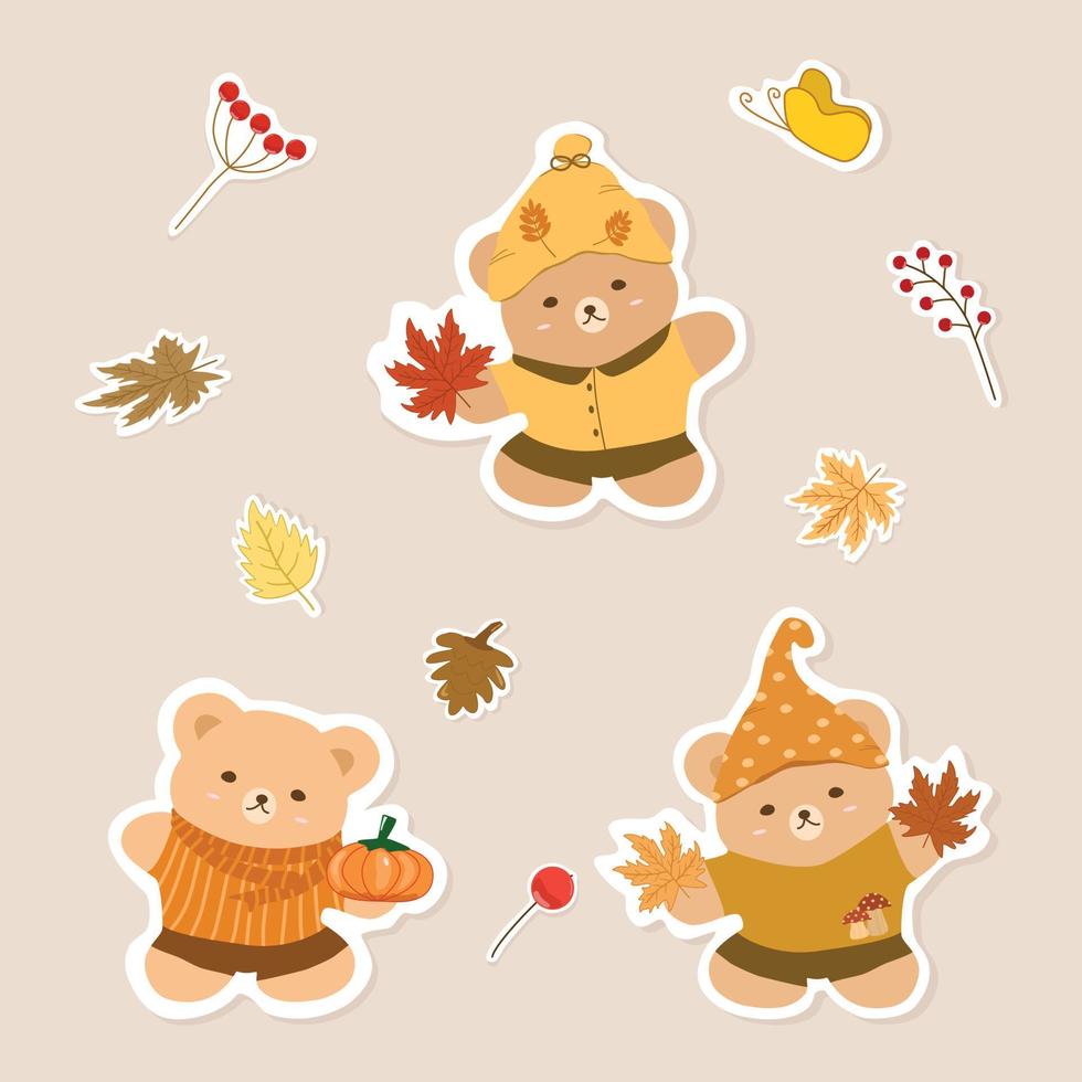 vetor - lindo conjunto de ursinho de pelúcia segurando folhas de abóbora e plátano. outono, outono. clip-art. pode ser usado para decorar qualquer cartão, web, impressão, papel, adesivo.