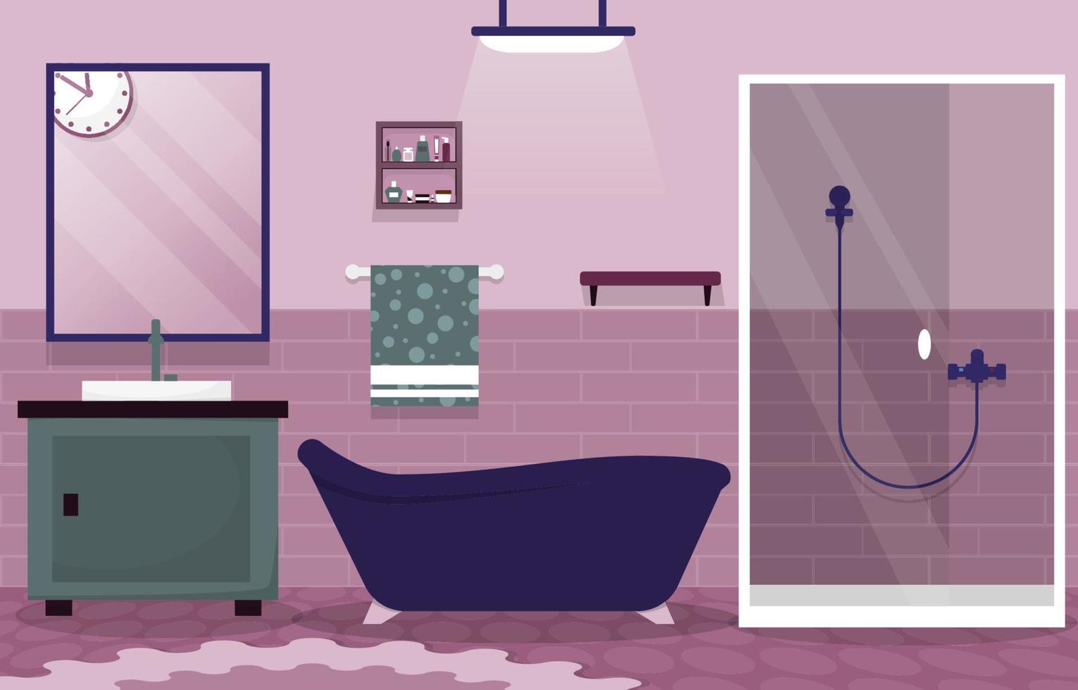 banheiro limpo, design de interiores, espelho, chuveiro, mobília, ilustração plana vetor
